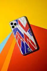 DIY phone case with blue and red geometrical pattern in colorful background