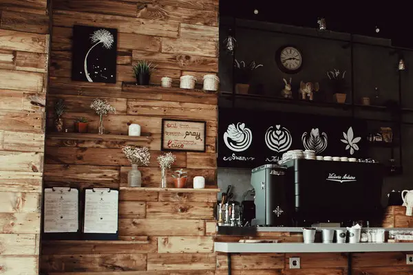 a coffee station with assorted coffee décor